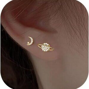 Gold Celestial Moon and Planet Stud Earrings with Cubic Zirconia for Women - Ele